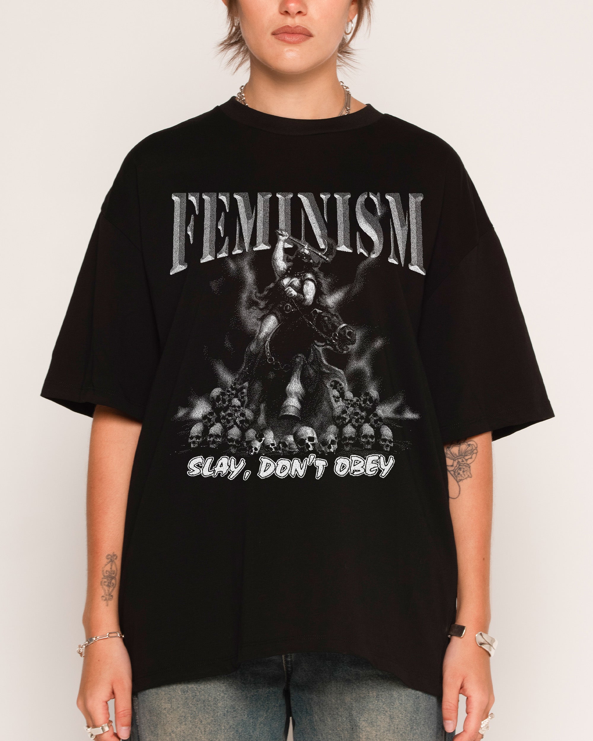 Feminist Raider Oversized Graphic Tee - Unisex 90s Boxy Fit 100% Combed Cotton