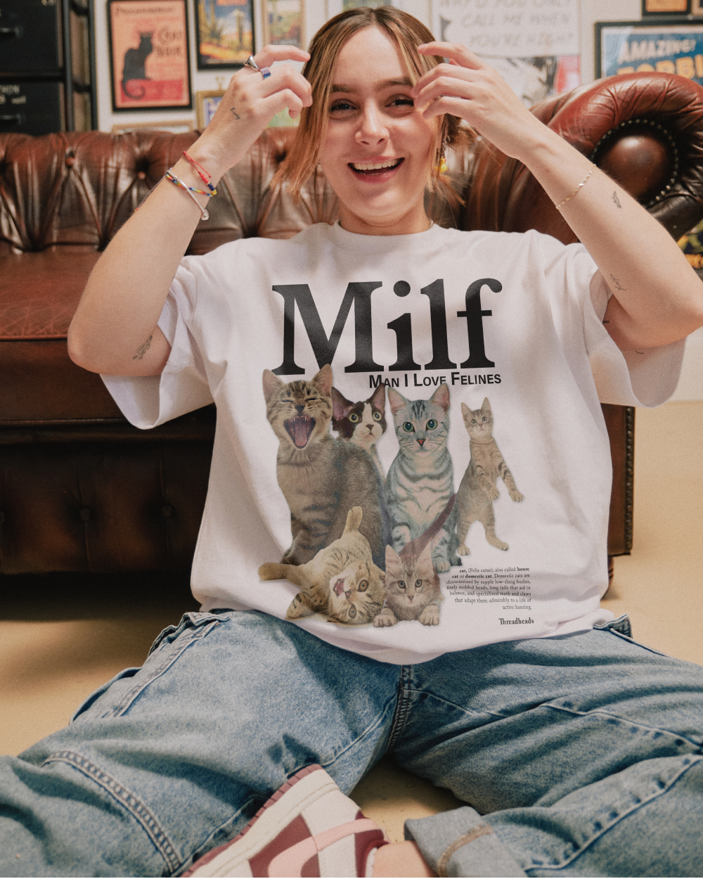 Man I Love Felines Oversized Graphic Tee - Unisex 90s Boxy Fit 100% Combed Cotton