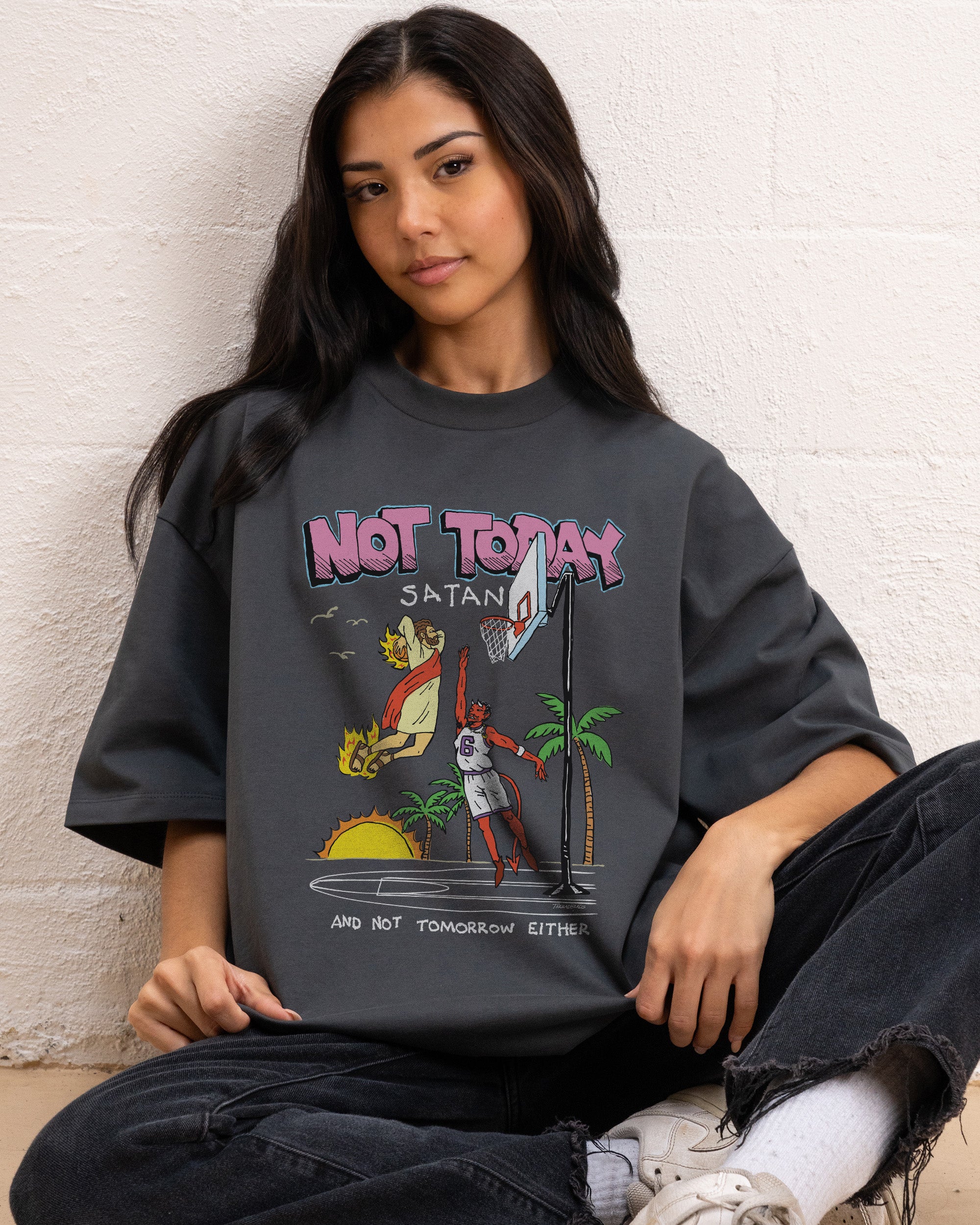 Not Today Satan Oversized Graphic Tee - Unisex 100% Combed Cotton Heavyweight T-Shirt