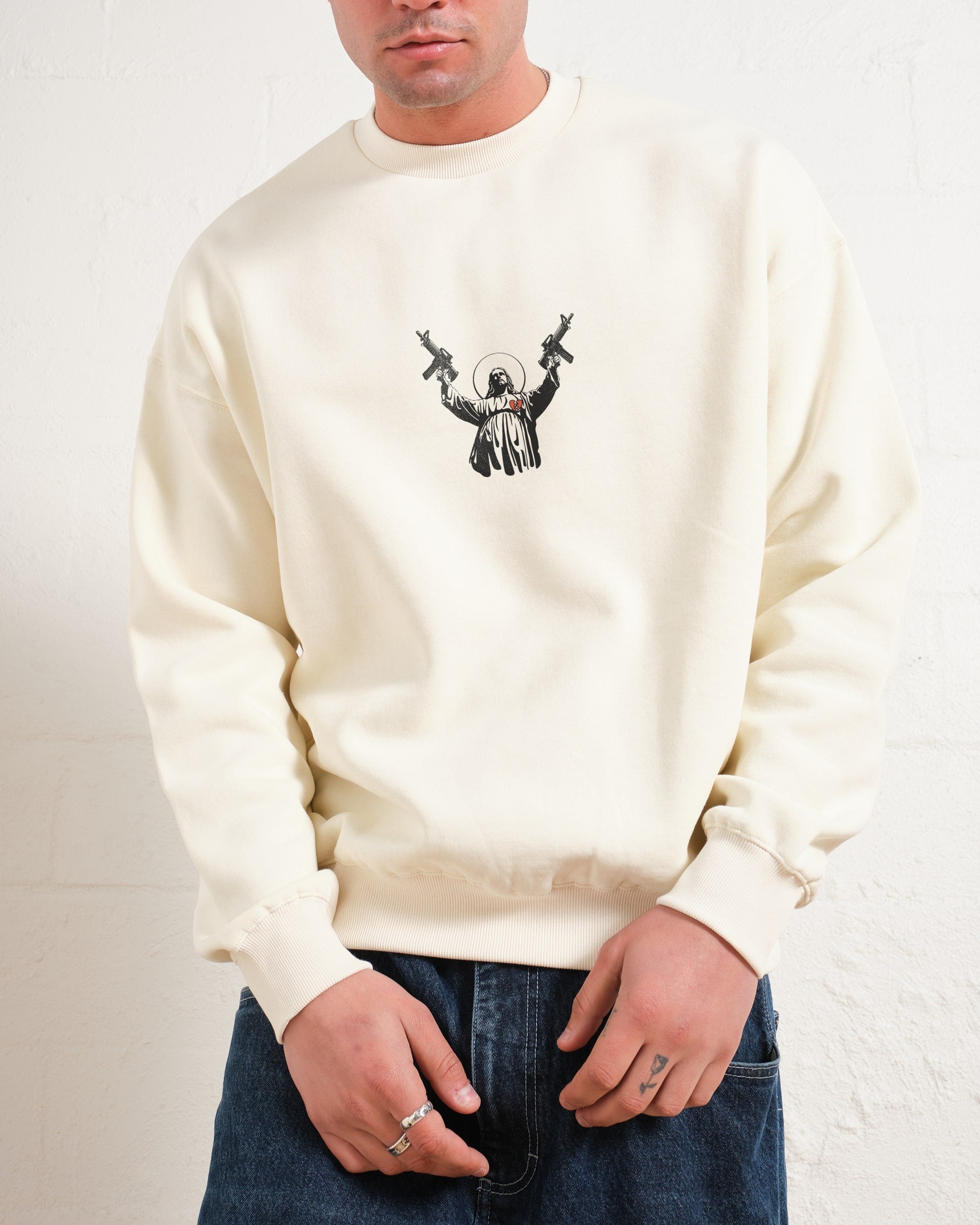 Machine Gun Christ Graphic Unisex Sweatshirt 80% Cotton 340gsm Threadheads